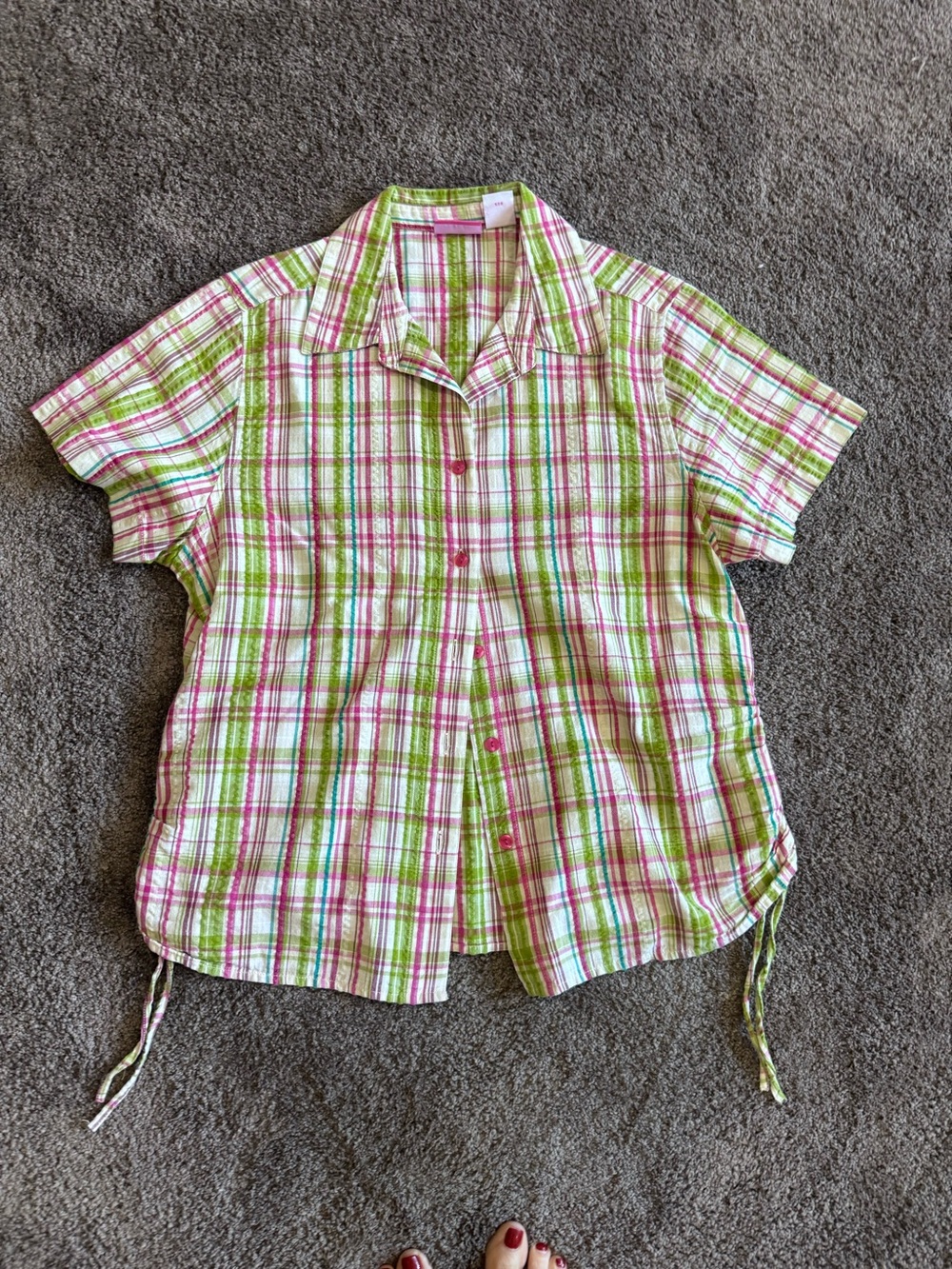 Pappagallo Vintage Pink Green Plaid Ruched Side Cinch Blouse